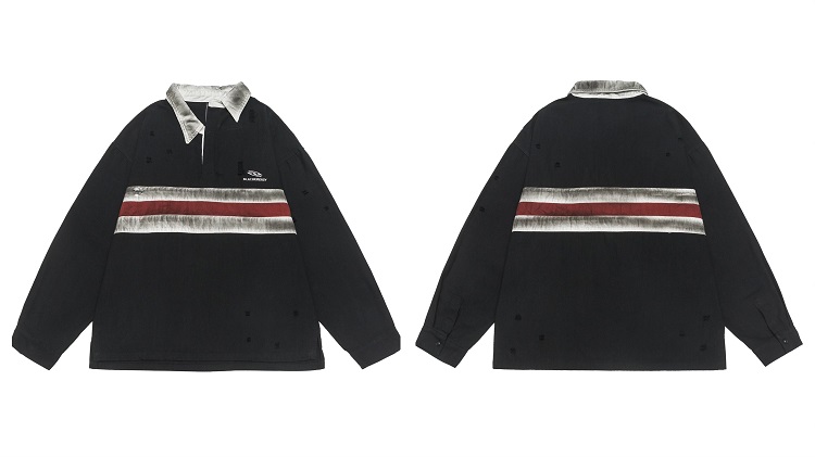 California Vintage Striped Spliced Polo Collar Sweatshirt - Unisex Long Sleeve, Versatile, Washable, American Dirty Dye Style California Vintage Striped Spliced Polo Collar Sweatshirt - Unisex Long Sleeve, Versatile, Washable, American Dirty Dye Style