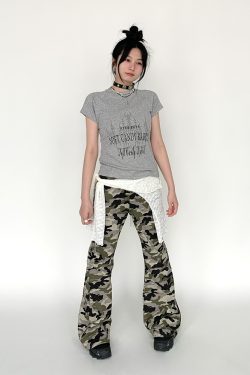 Camo Workwear Casual Split Slim-Fit Flared Wide-Leg Retro Chic Long Pants for Women - Trendy Y2K Fashion