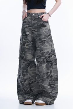 Camouflage Curved Knife Pants with Multiple Pockets - American Street Style Denim Work Pants for Trendy Casual Wear