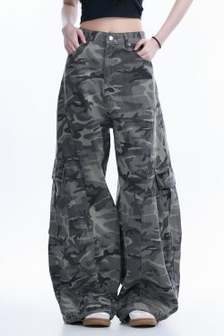 Camouflage Curved Knife Pants with Multiple Pockets - American Street Style Denim Work Pants for Trendy Casual Wear