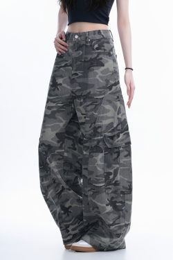 Camouflage Curved Knife Pants with Multiple Pockets - American Street Style Denim Work Pants for Trendy Casual Wear