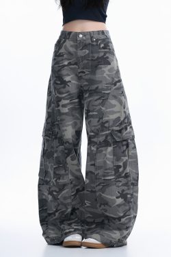 Camouflage Curved Knife Pants with Multiple Pockets - American Street Style Denim Work Pants for Trendy Casual Wear
