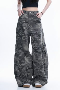 Camouflage Curved Knife Pants with Multiple Pockets - American Street Style Denim Work Pants for Trendy Casual Wear