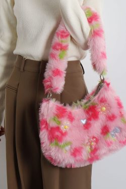 Candy Pink Plush Underarm Bag for Women - Sweet Strawberry Leopard Print Crossbody Tote - Cute Small Niche Style