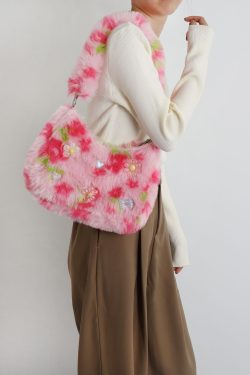 Candy Pink Plush Underarm Bag for Women - Sweet Strawberry Leopard Print Crossbody Tote - Cute Small Niche Style