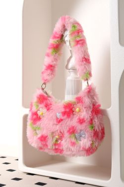 Candy Pink Plush Underarm Bag for Women - Sweet Strawberry Leopard Print Crossbody Tote - Cute Small Niche Style
