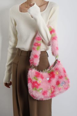Candy Pink Plush Underarm Bag for Women - Sweet Strawberry Leopard Print Crossbody Tote - Cute Small Niche Style