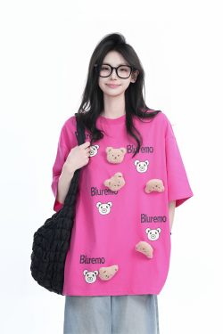 Cartoon Graphic Pink Short Sleeve T-Shirt for Women - Fun Summer Design, Loose Fit, Casual Style