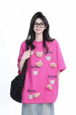 Cartoon Graphic Pink Short Sleeve T-Shirt for Women - Fun Summer Design, Loose Fit, Casual Style