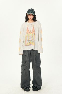 Castle Graffiti Long Sleeve T-Shirt for Women - 2024 Spring Loose Round Neck Urban Style Tee