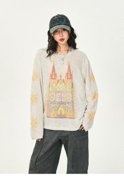 Castle Graffiti Long Sleeve T-Shirt for Women - 2024 Spring Loose Round Neck Urban Style Tee