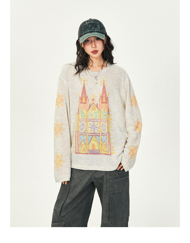 Castle Graffiti Long Sleeve T-Shirt for Women - 2024 Spring Loose Round Neck Urban Style Tee Castle Graffiti Long Sleeve T-Shirt for Women - 2024 Spring Loose Round Neck Urban Style Tee