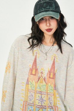 Castle Graffiti Long Sleeve T-Shirt for Women - 2024 Spring Loose Round Neck Urban Style Tee
