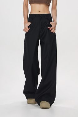 Casual Dropped Crotch Floor-Length Wide-Leg Pants for Women - Straight Loose Flared Trousers in American Style High Street Fashion