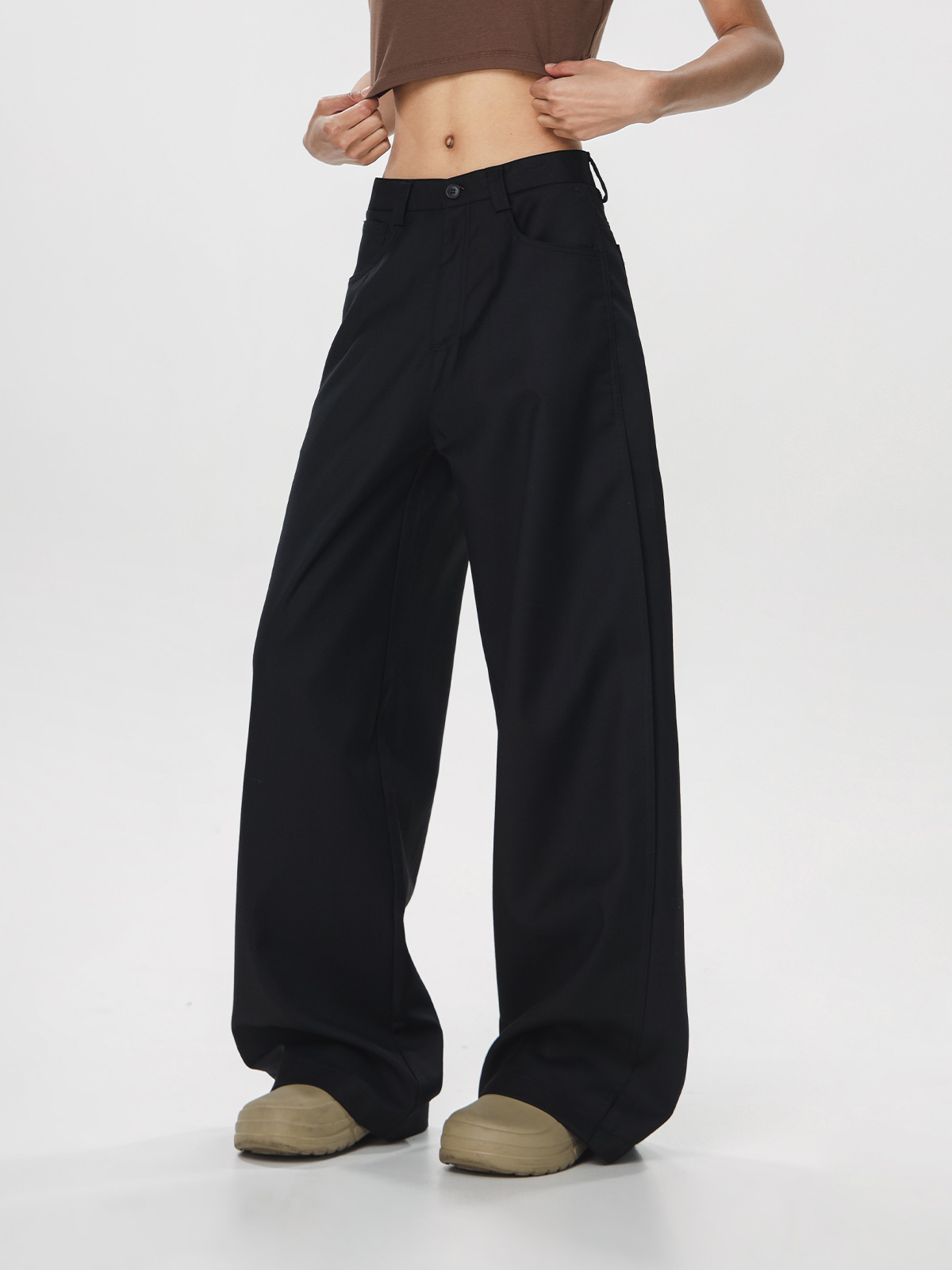 Casual Dropped Crotch Floor-Length Wide-Leg Pants for Women - Straight Loose Flared Trousers in American Style High Street Fashion Casual Dropped Crotch Floor-Length Wide-Leg Pants for Women - Straight Loose Flared Trousers in American Style High Street Fashion