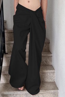 Casual Irregular Low-Waist Pleated Wide-Leg Pants for Women - Relaxed Fit Solid Color Long Trousers, Y2K Fashion