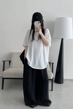 Casual Loose Drop-Shoulder Minimalist Textured Short-Sleeve T-Shirt in Sun Grapefruit for Summer - Versatile Linen-Like Style