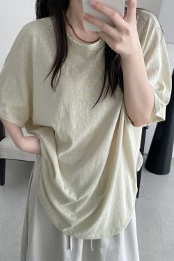 Casual Loose Drop-Shoulder Minimalist Textured Short-Sleeve T-Shirt in Sun Grapefruit for Summer - Versatile Linen-Like Style