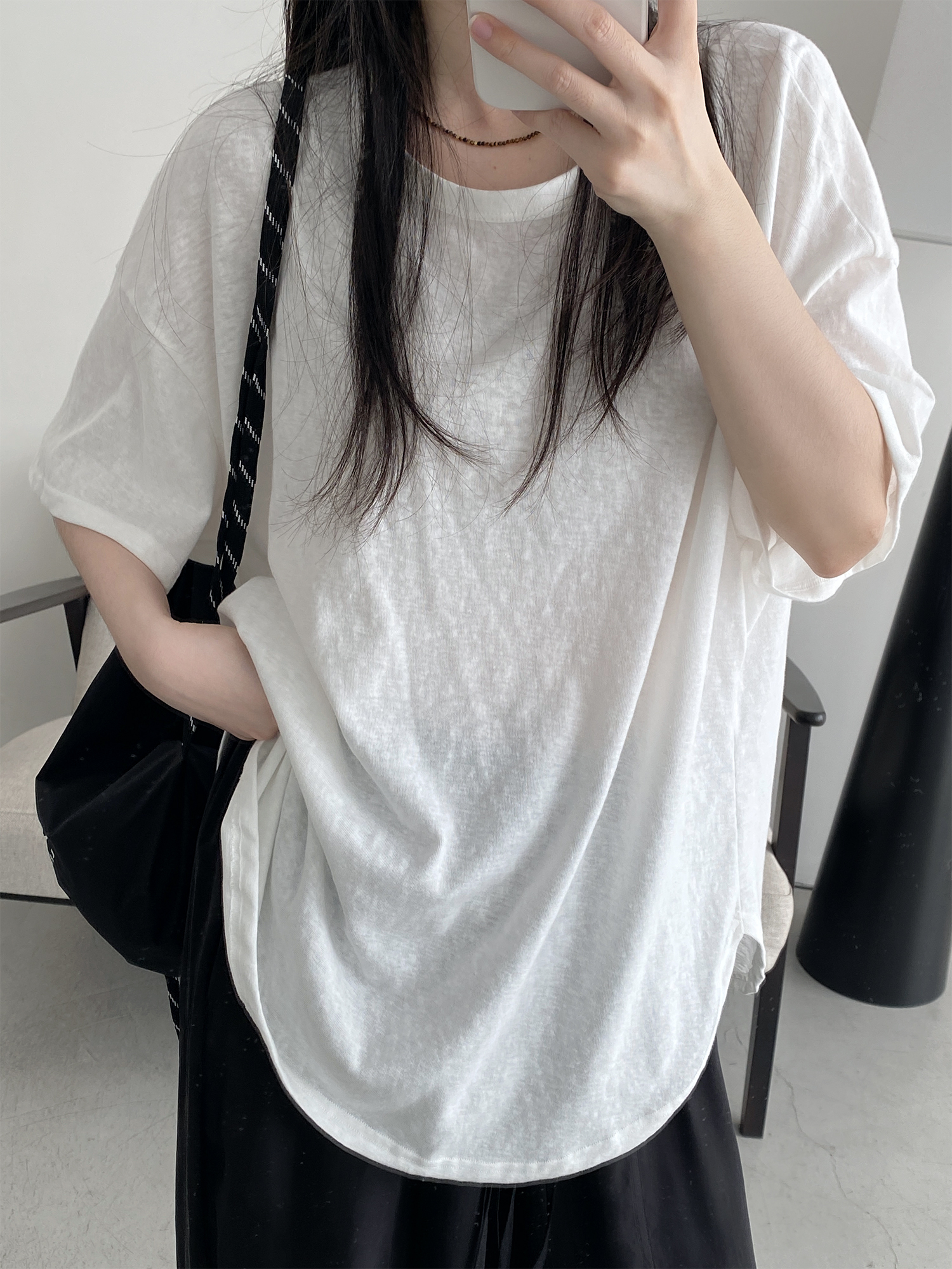 Casual Loose Drop-Shoulder Minimalist Textured Short-Sleeve T-Shirt in Sun Grapefruit for Summer - Versatile Linen-Like Style Casual Loose Drop-Shoulder Minimalist Textured Short-Sleeve T-Shirt in Sun Grapefruit for Summer - Versatile Linen-Like Style