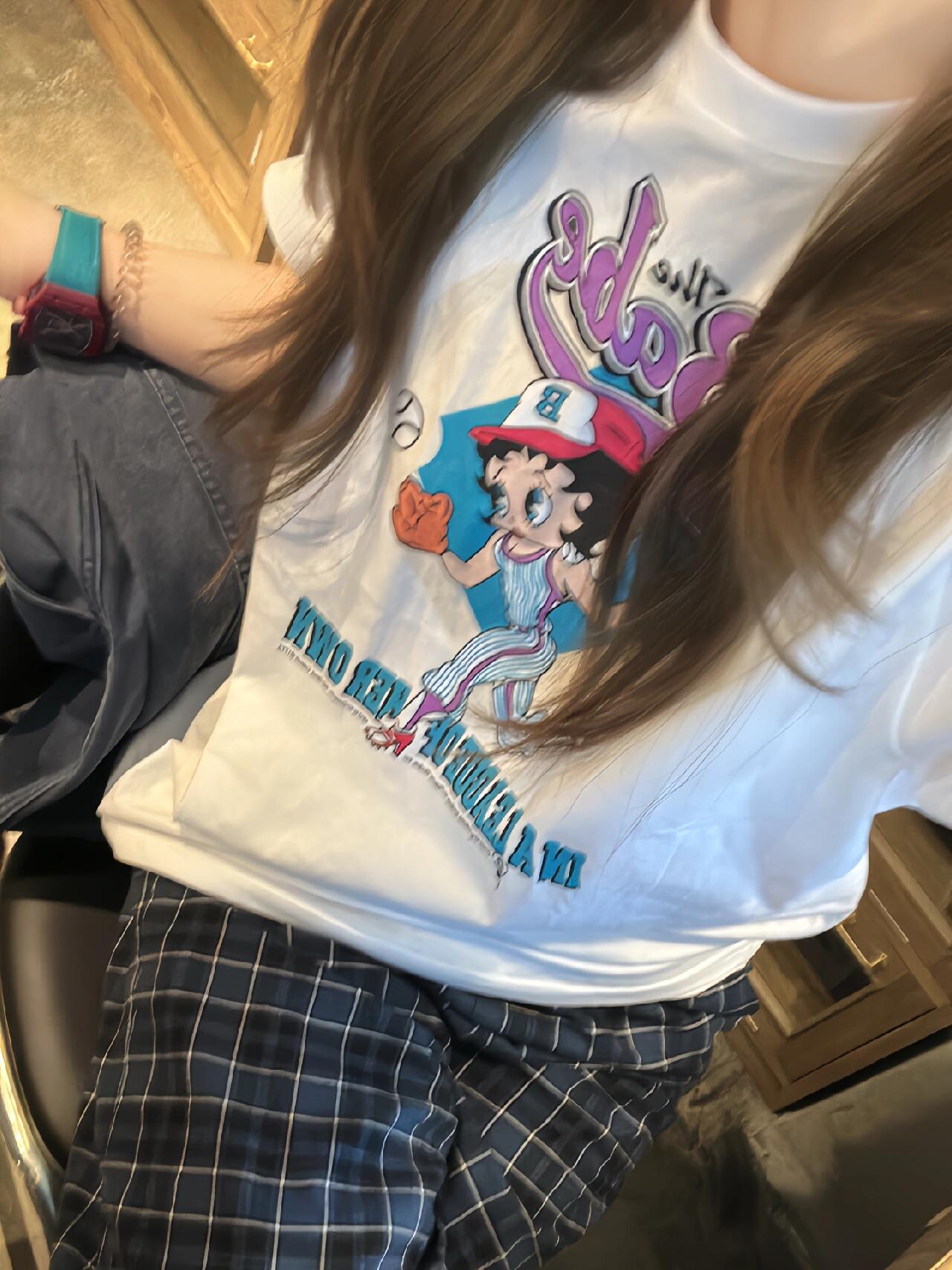 Casual Loose Fit Cartoon Print Short Sleeve T-Shirt for Summer - Versatile Pure Cotton Tee for Sweet Fun Style Casual Loose Fit Cartoon Print Short Sleeve T-Shirt for Summer - Versatile Pure Cotton Tee for Sweet Fun Style