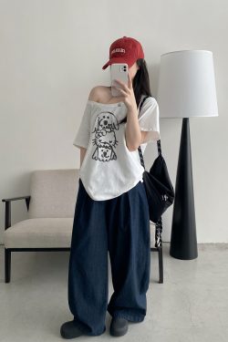 Casual Off-Shoulder T-Shirt for Women with Sun Grapefruit Puppy Kitten Print - 2025 Summer Loose Fit Age-Reducing Style