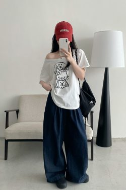 Casual Off-Shoulder T-Shirt for Women with Sun Grapefruit Puppy Kitten Print - 2025 Summer Loose Fit Age-Reducing Style