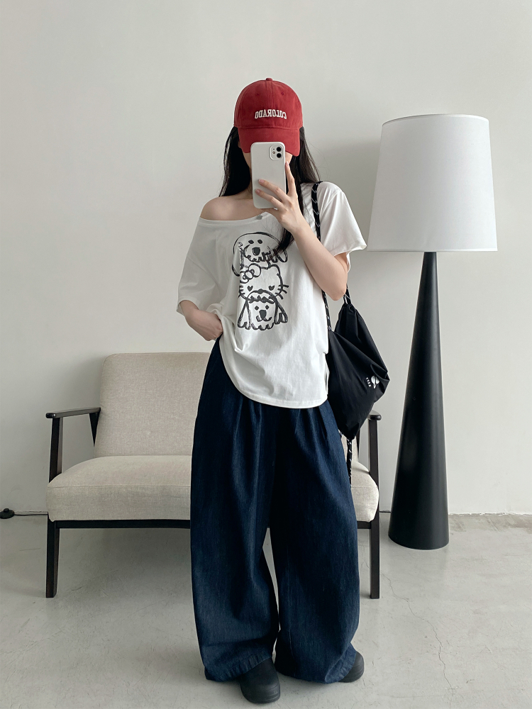 Casual Off-Shoulder T-Shirt for Women with Sun Grapefruit Puppy Kitten Print - 2025 Summer Loose Fit Age-Reducing Style Casual Off-Shoulder T-Shirt for Women with Sun Grapefruit Puppy Kitten Print - 2025 Summer Loose Fit Age-Reducing Style