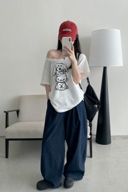 Casual Off-Shoulder T-Shirt for Women with Sun Grapefruit Puppy Kitten Print - 2025 Summer Loose Fit Age-Reducing Style
