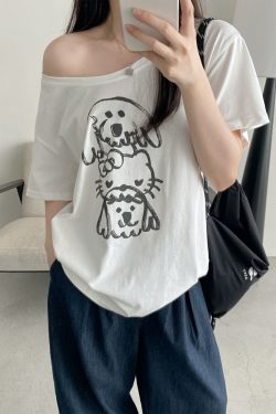 Casual Off-Shoulder T-Shirt for Women with Sun Grapefruit Puppy Kitten Print - 2025 Summer Loose Fit Age-Reducing Style