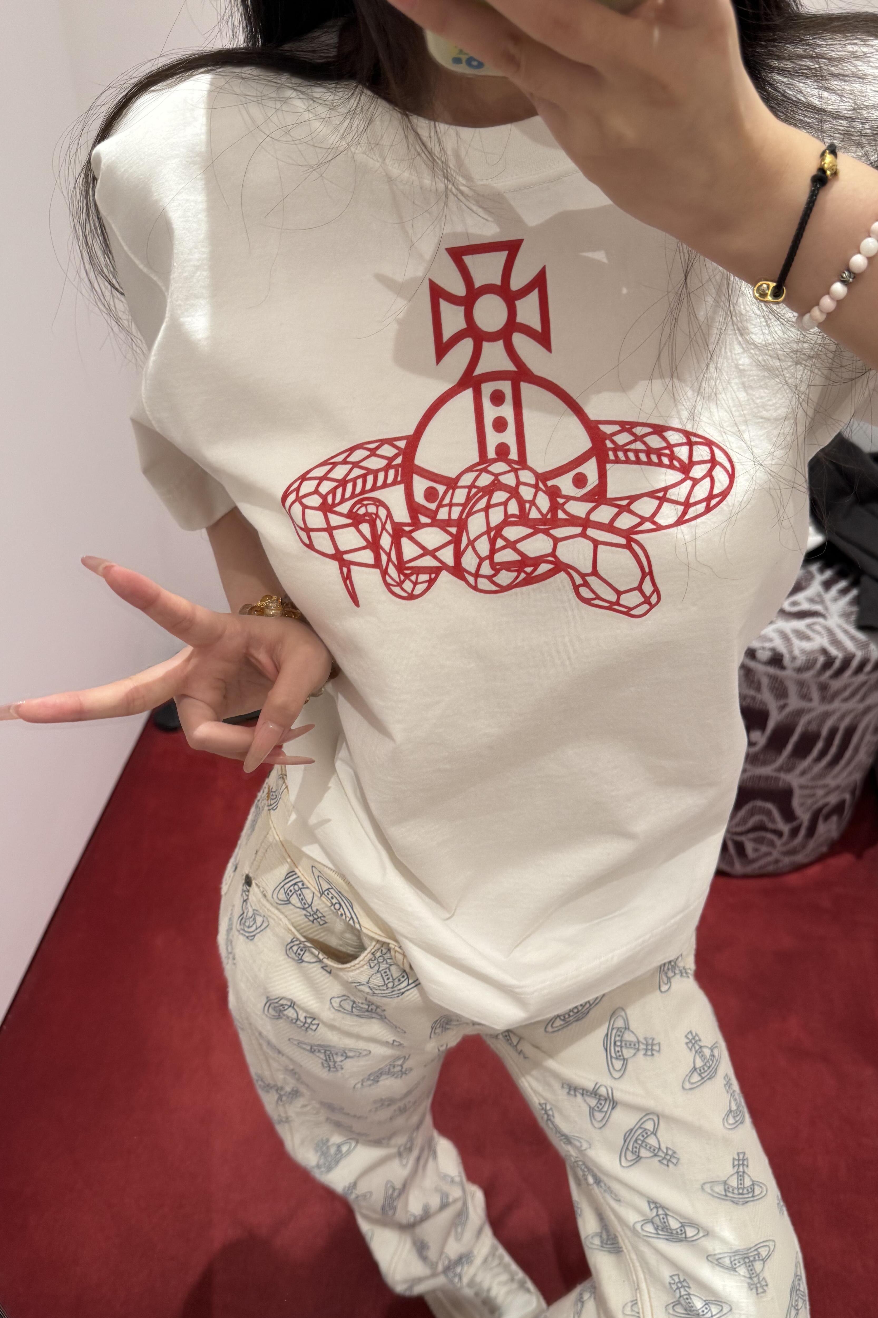 Casual Printed Snake T-Shirt for Women - Loose Fit, Round Neck, Pure Cotton - 25SS South Korea INS Limited Edition