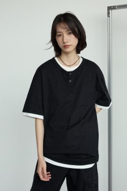 Casual Two-Piece Henley Short Sleeve T-Shirt for Men and Women - Simple Loose Fit, Unisex, Stylish Everyday Wear