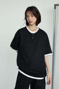 Casual Two-Piece Henley Short Sleeve T-Shirt for Men and Women - Simple Loose Fit, Unisex, Stylish Everyday Wear