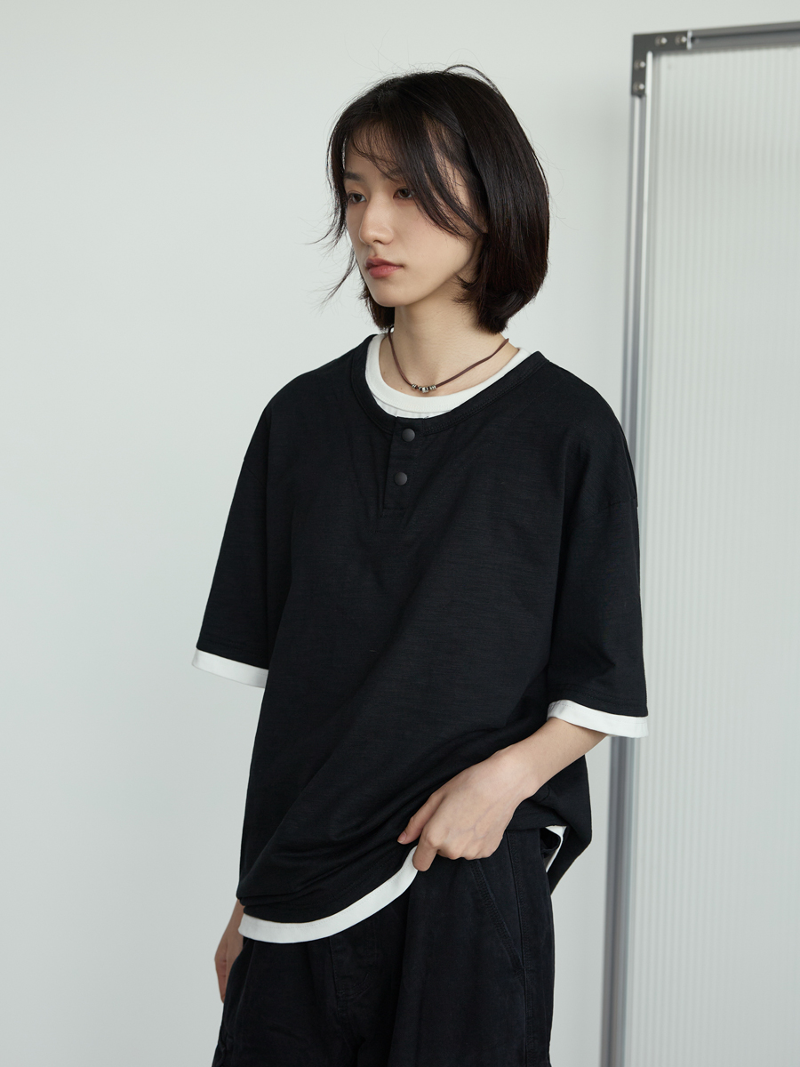 Casual Two-Piece Henley Short Sleeve T-Shirt for Men and Women - Simple Loose Fit, Unisex, Stylish Everyday Wear Casual Two-Piece Henley Short Sleeve T-Shirt for Men and Women - Simple Loose Fit, Unisex, Stylish Everyday Wear