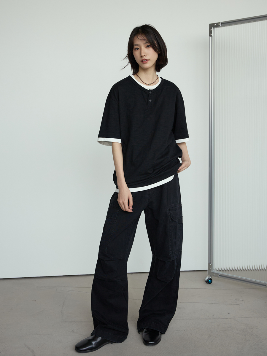 Casual Two-Piece Henley Short Sleeve T-Shirt for Men and Women - Simple Loose Fit, Unisex, Stylish Everyday Wear Casual Two-Piece Henley Short Sleeve T-Shirt for Men and Women - Simple Loose Fit, Unisex, Stylish Everyday Wear