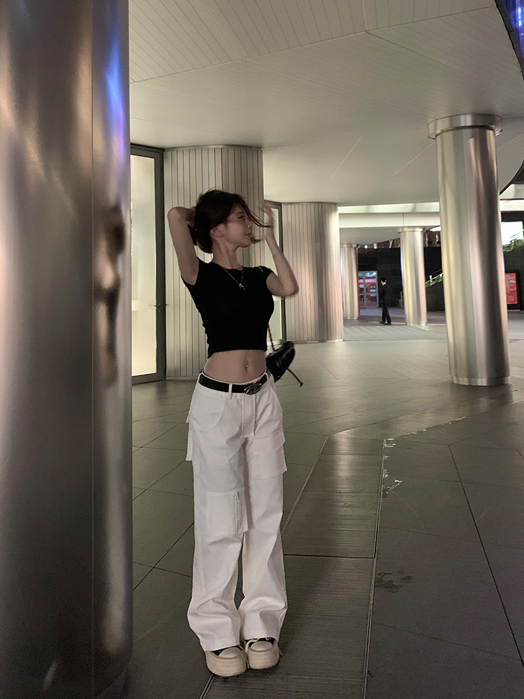 Casual Women's Vintage Work Pants - Loose Slimming White Straight Pants in Girl Group Style, Y2K Inspired Fashion Casual Women's Vintage Work Pants - Loose Slimming White Straight Pants in Girl Group Style, Y2K Inspired Fashion
