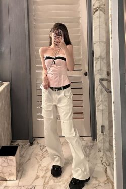 Casual Women's Vintage Work Pants - Loose Slimming White Straight Pants in Girl Group Style, Y2K Inspired Fashion