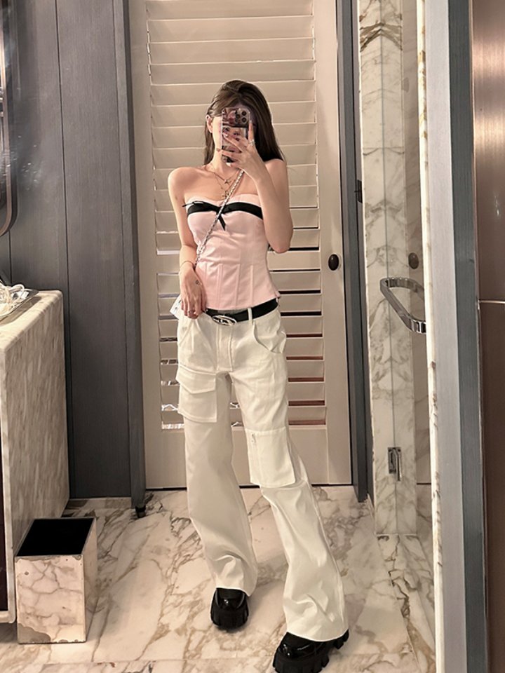 Casual Women's Vintage Work Pants - Loose Slimming White Straight Pants in Girl Group Style, Y2K Inspired Fashion Casual Women's Vintage Work Pants - Loose Slimming White Straight Pants in Girl Group Style, Y2K Inspired Fashion