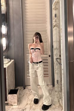 Casual Women's Vintage Work Pants - Loose Slimming White Straight Pants in Girl Group Style, Y2K Inspired Fashion