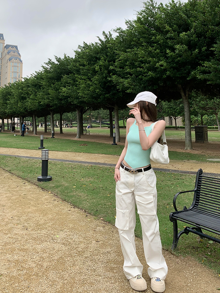 Casual Women's Vintage Work Pants - Loose Slimming White Straight Pants in Girl Group Style, Y2K Inspired Fashion Casual Women's Vintage Work Pants - Loose Slimming White Straight Pants in Girl Group Style, Y2K Inspired Fashion