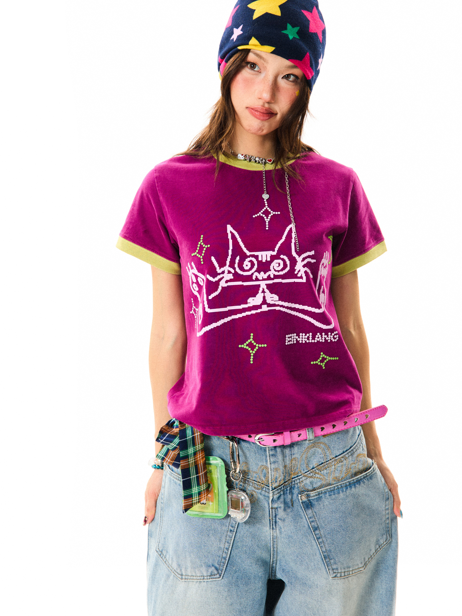 Cat Fun Print Color Block Short Sleeve T-Shirt for Women - Summer Versatile Top in Playful Dopamine Colors Cat Fun Print Color Block Short Sleeve T-Shirt for Women - Summer Versatile Top in Playful Dopamine Colors