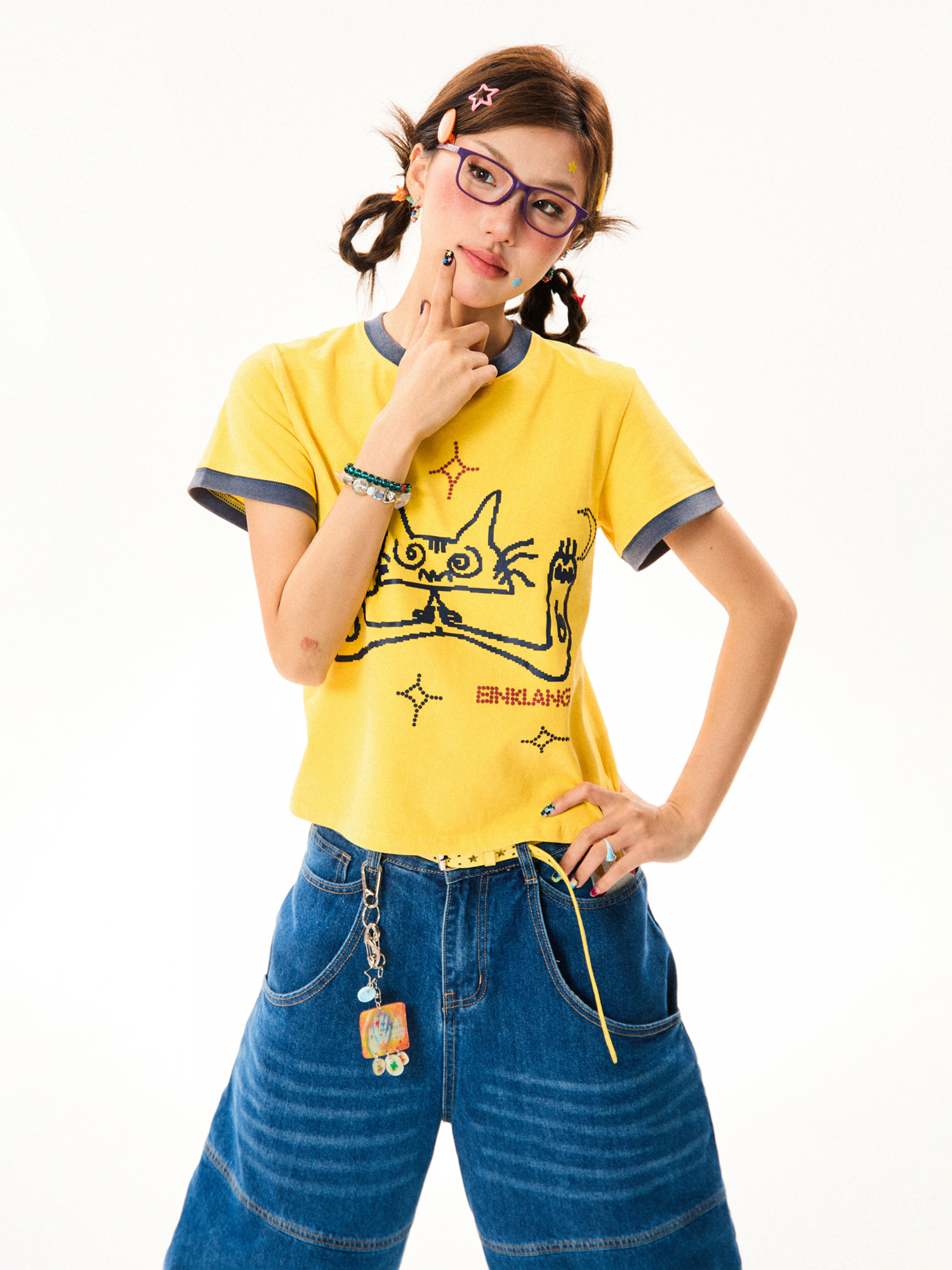 Cat Fun Print Color Block Short Sleeve T-Shirt for Women - Summer Versatile Top in Playful Dopamine Colors Cat Fun Print Color Block Short Sleeve T-Shirt for Women - Summer Versatile Top in Playful Dopamine Colors