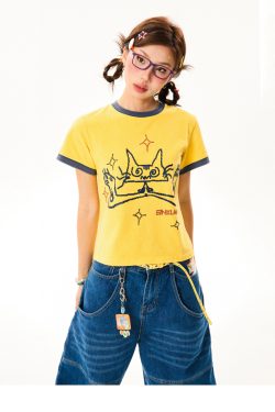 Cat Fun Print Color Block Short Sleeve T-Shirt for Women - Summer Versatile Top in Playful Dopamine Colors