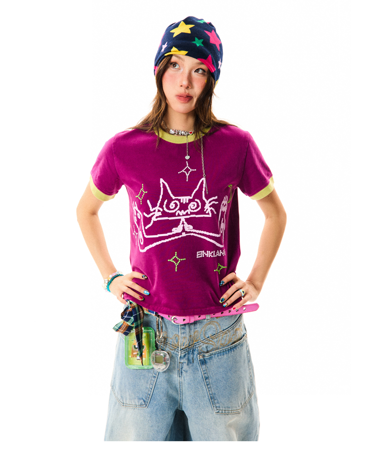 Cat Fun Print Color Block Short Sleeve T-Shirt for Women - Summer Versatile Top in Playful Dopamine Colors Cat Fun Print Color Block Short Sleeve T-Shirt for Women - Summer Versatile Top in Playful Dopamine Colors