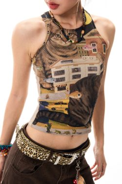 Cat Print Sleeveless Crop Top for Women - Summer Slim Fit Sexy Y2K Style