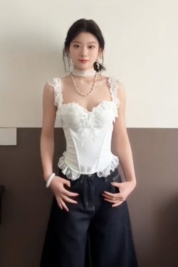 Ceiling White Spaghetti Strap Women's Summer Lace Splicing Slim-Fit Tank Top - Sexy Fishbone Design for a Chic Look