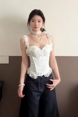 Ceiling White Spaghetti Strap Women's Summer Lace Splicing Slim-Fit Tank Top - Sexy Fishbone Design for a Chic Look