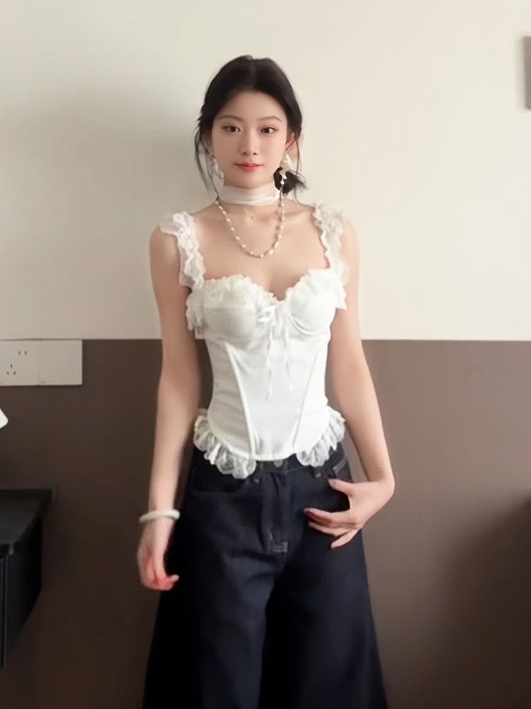 Ceiling White Spaghetti Strap Women's Summer Lace Splicing Slim-Fit Tank Top - Sexy Fishbone Design for a Chic Look Ceiling White Spaghetti Strap Women's Summer Lace Splicing Slim-Fit Tank Top - Sexy Fishbone Design for a Chic Look