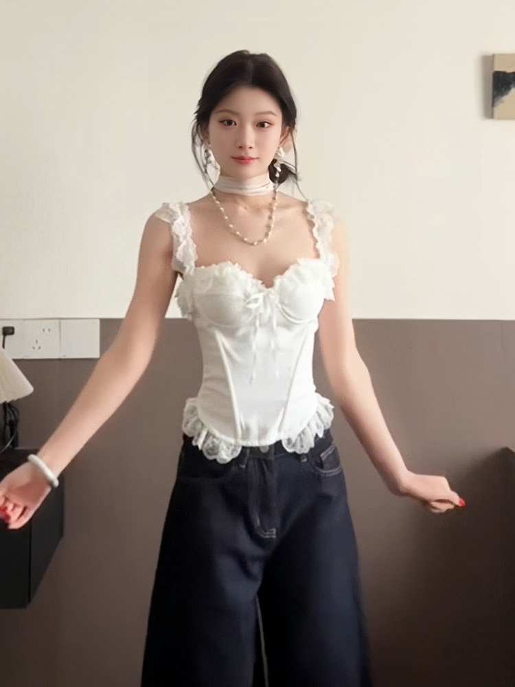 Ceiling White Spaghetti Strap Women's Summer Lace Splicing Slim-Fit Tank Top - Sexy Fishbone Design for a Chic Look Ceiling White Spaghetti Strap Women's Summer Lace Splicing Slim-Fit Tank Top - Sexy Fishbone Design for a Chic Look