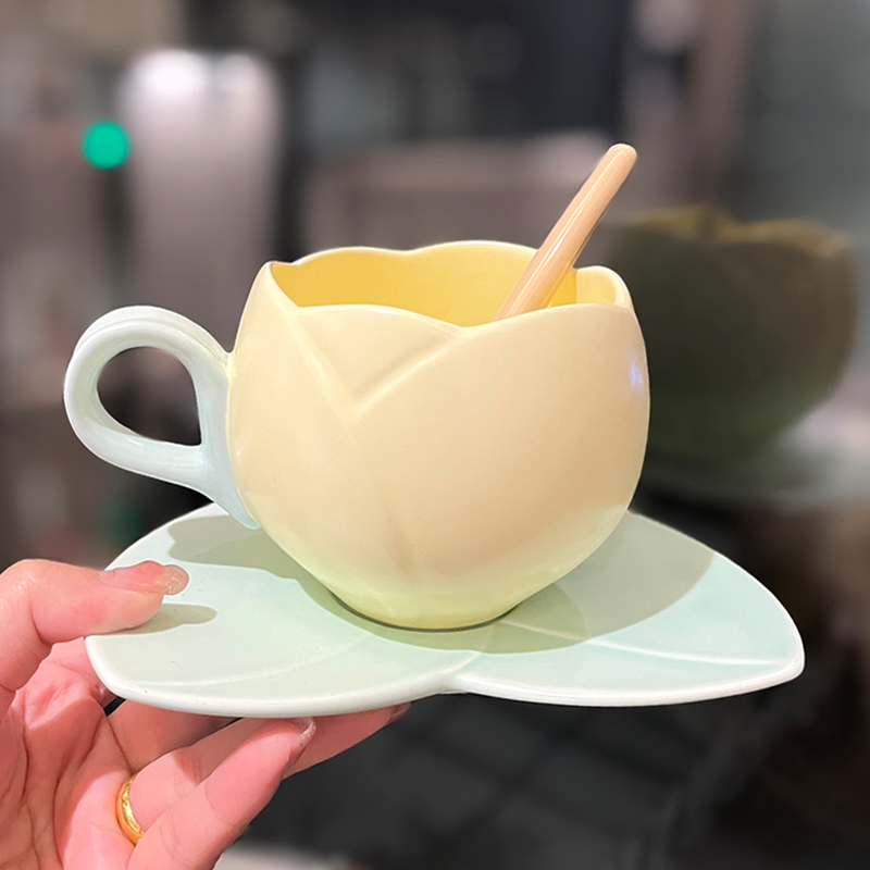 Ceramic Tulip-Shaped Coffee Cup with Saucer - Aesthetic Relief Design for Office and Home, Perfect Gift for Stylish Girls Ceramic Tulip-Shaped Coffee Cup with Saucer - Aesthetic Relief Design for Office and Home, Perfect Gift for Stylish Girls