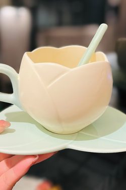 Ceramic Tulip-Shaped Coffee Cup with Saucer - Aesthetic Relief Design for Office and Home, Perfect Gift for Stylish Girls